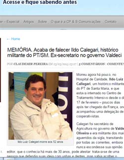 Morte de Ildo Callegari mobilizou militantes políticos e também os leitores do site, nesta semana